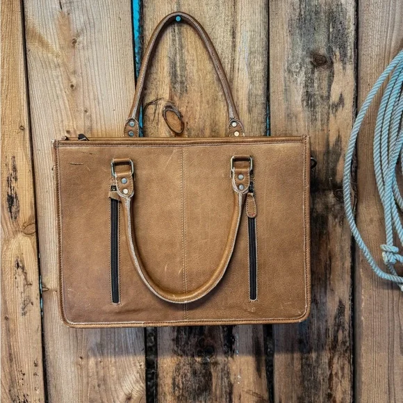 Hand-Tooled Sunflower Leather Tote with Cowhide Panel - Brown - Picture 5 of 8